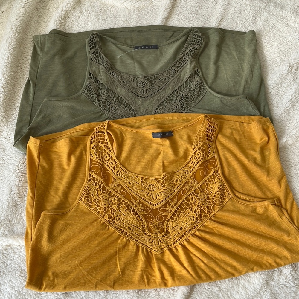 Two embroidery top tank tops mustard and green